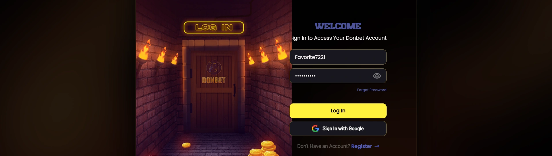 Donbet Casino login and registration page interface