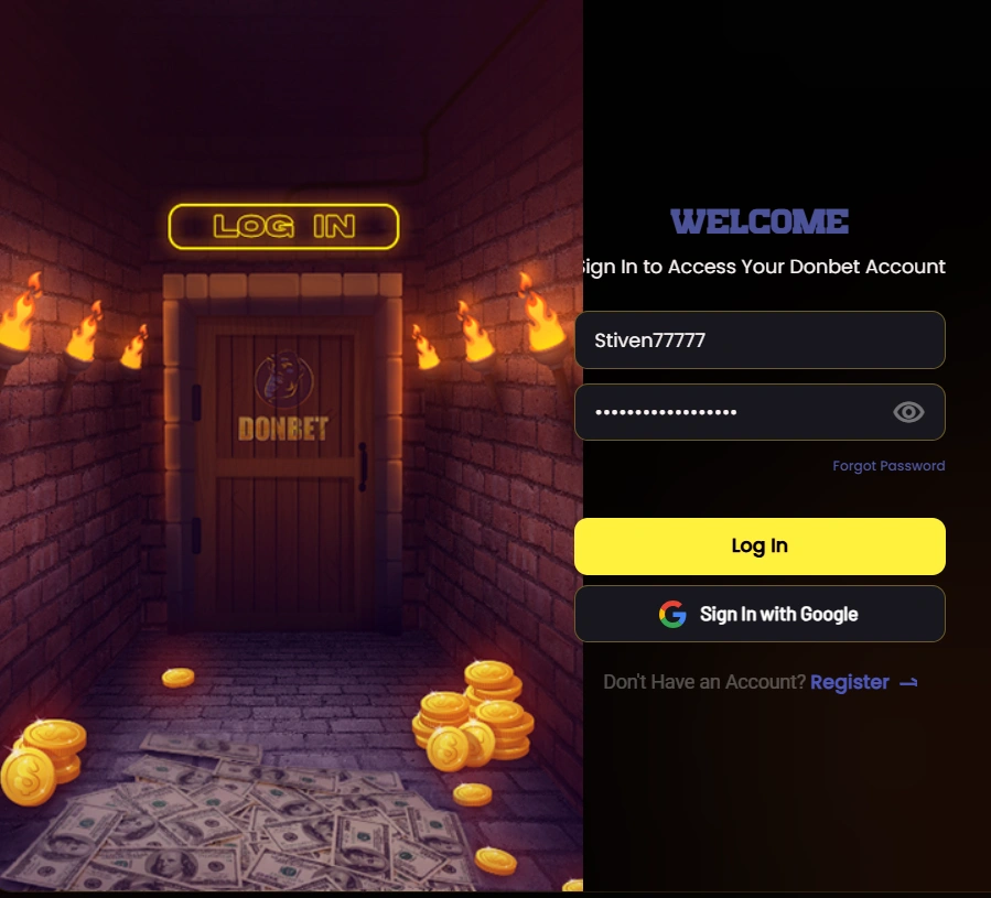 Donbet Casino login and registration screen